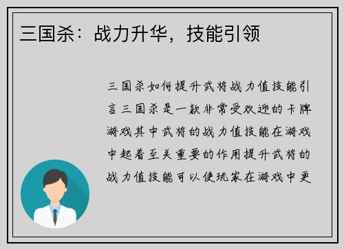 三国杀：战力升华，技能引领