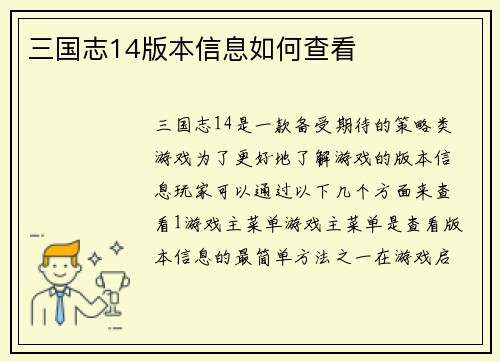 三国志14版本信息如何查看