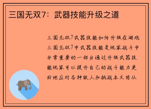 三国无双7：武器技能升级之道