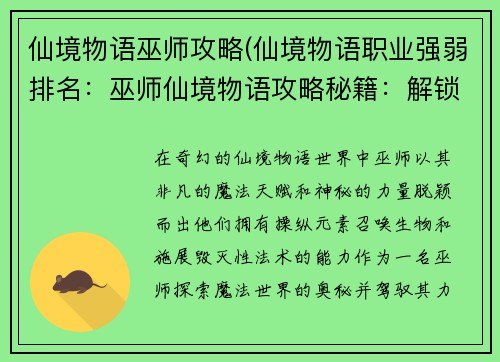 仙境物语巫师攻略(仙境物语职业强弱排名：巫师仙境物语攻略秘籍：解锁魔法世界的奥秘)