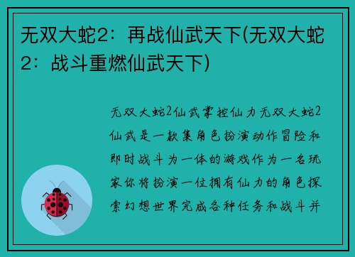 无双大蛇2：再战仙武天下(无双大蛇2：战斗重燃仙武天下)